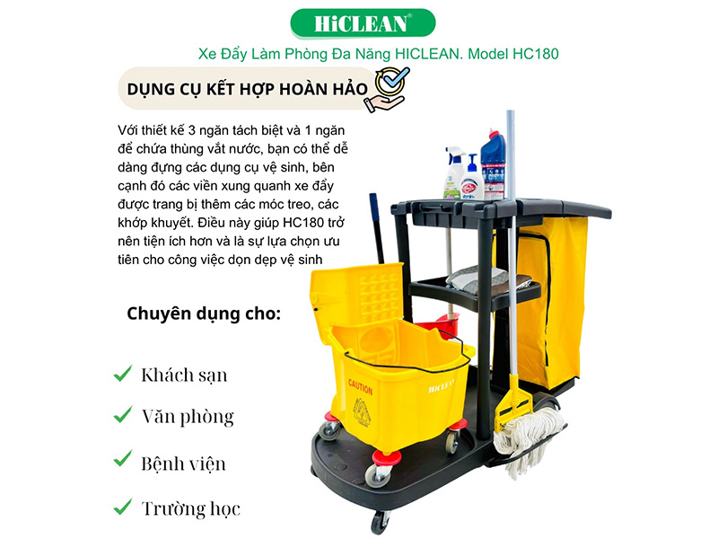 Xe đẩy dọn phòng HiClean HC180 thiết kế 3 ngăn