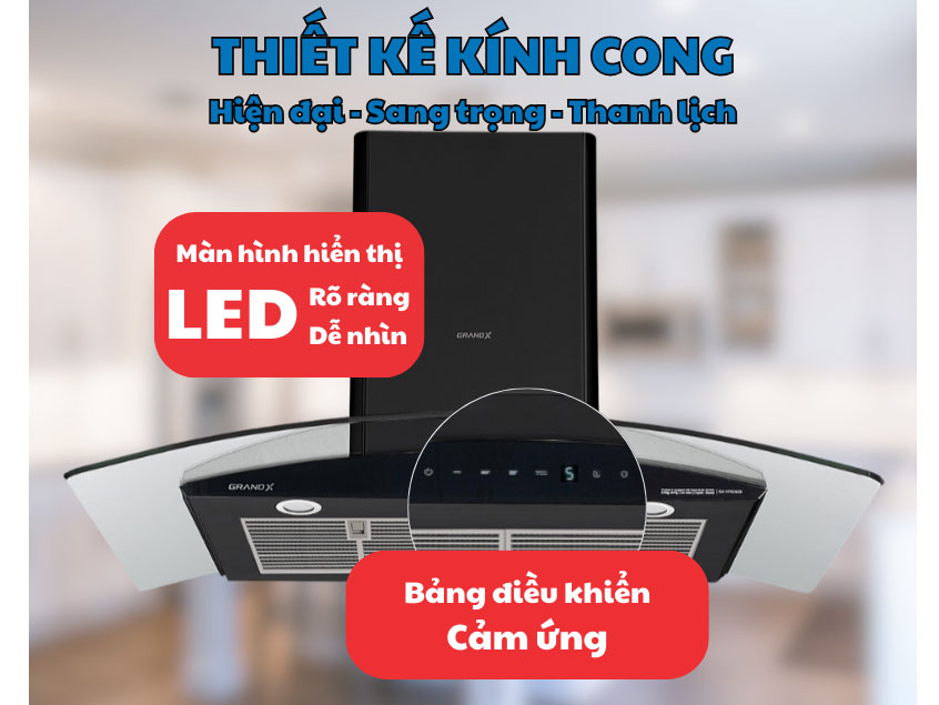 Máy hút mùi kính cong dùng điều khiển cảm ứng