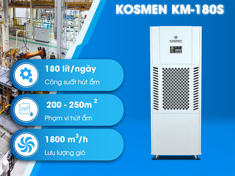 Máy hút ẩm Kosmen KM 180S có công suất hút ẩm cao, phù hợp dùng cho nhà xưởng