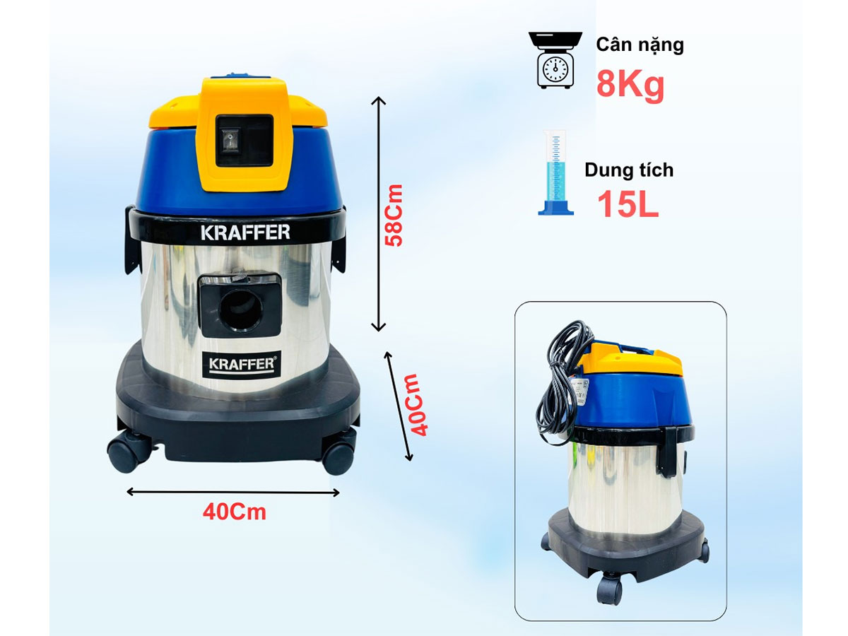 Máy hút bụi Kraffer có thùng chứa inox 15 lít