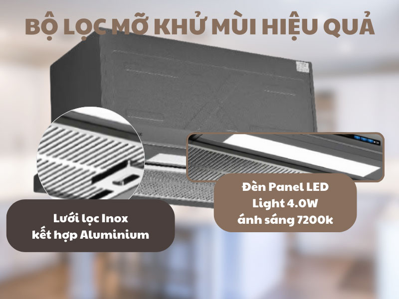 Máy hút mùi dùng lưới lọc inox và nhôm