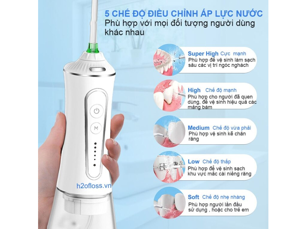 Máy tăm nước H2ofloss HF-P11 có 5 mức độ phun khác nhau