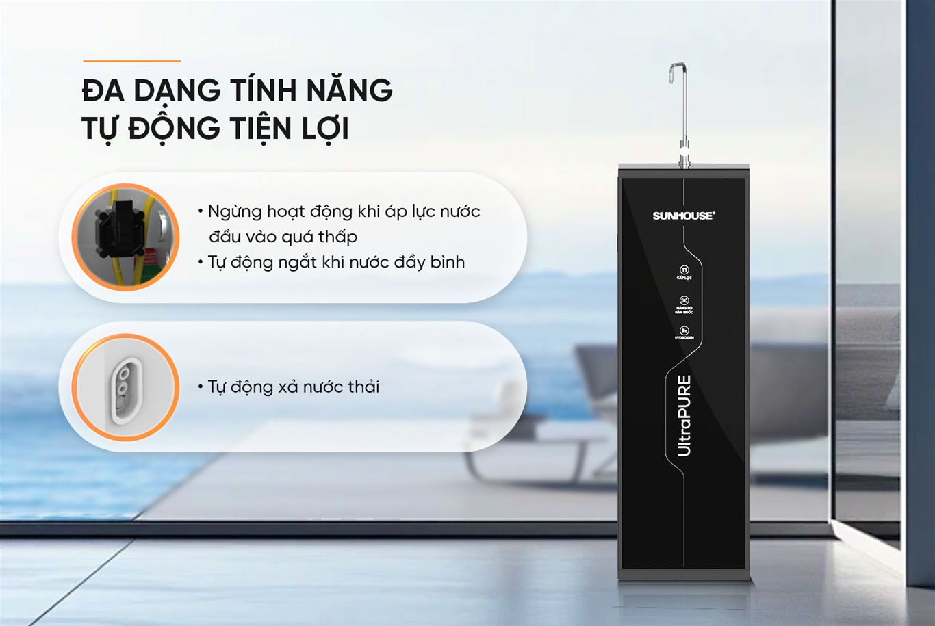 Máy lọc nước RO Sunhouse tự động ngắt ngắt khi nước đầy bình áp.