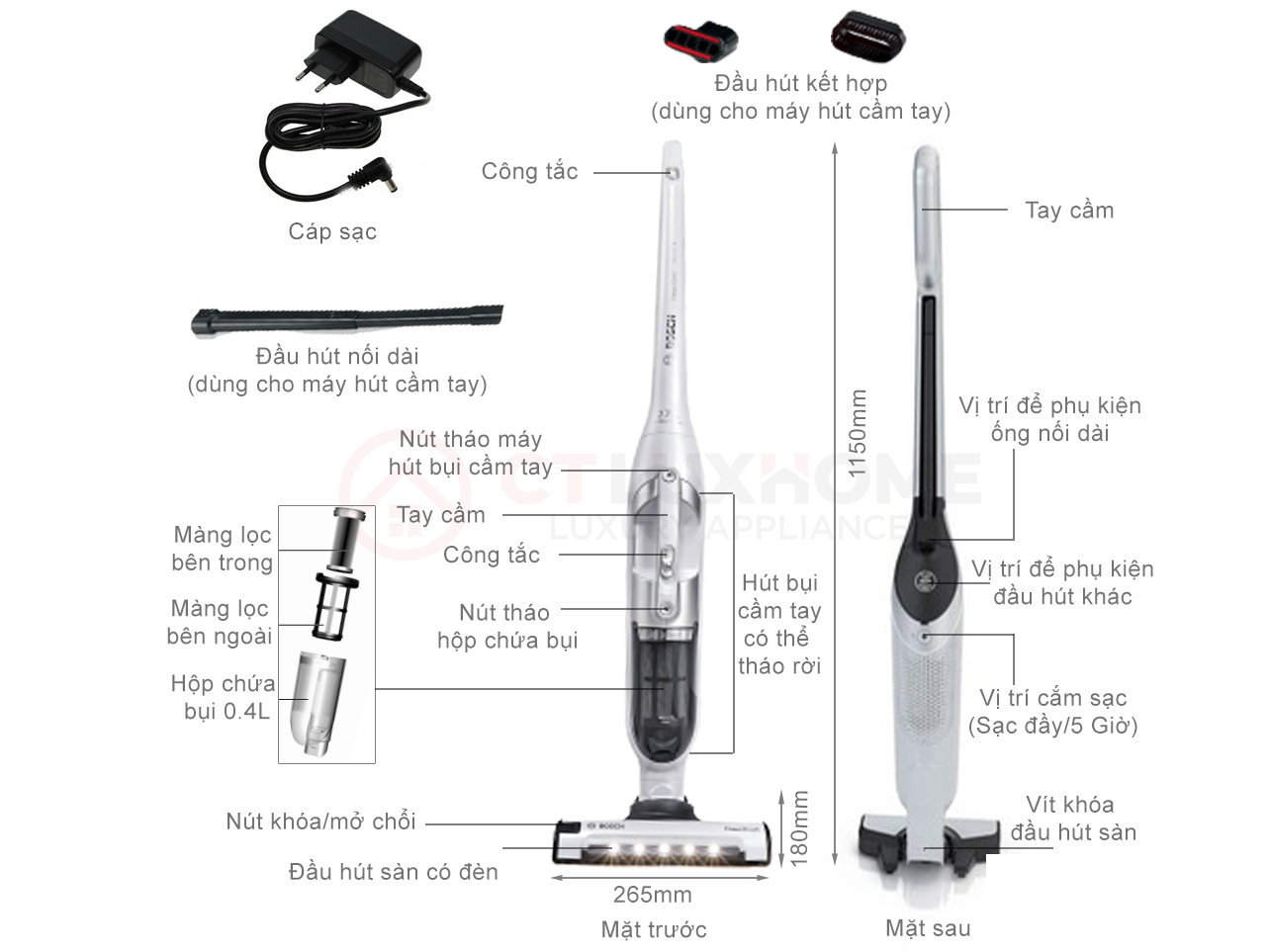 Cấu tạo máy hút bụi không dây Bosch Flexxo Gen2 HMH.BCH3P2301