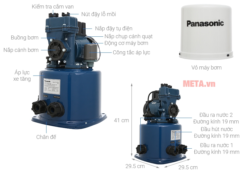 Cấu tạo của máy bơm nước tăng áp tự động Panasonic A-130JTX 125W có nắp đậy bảo vệ