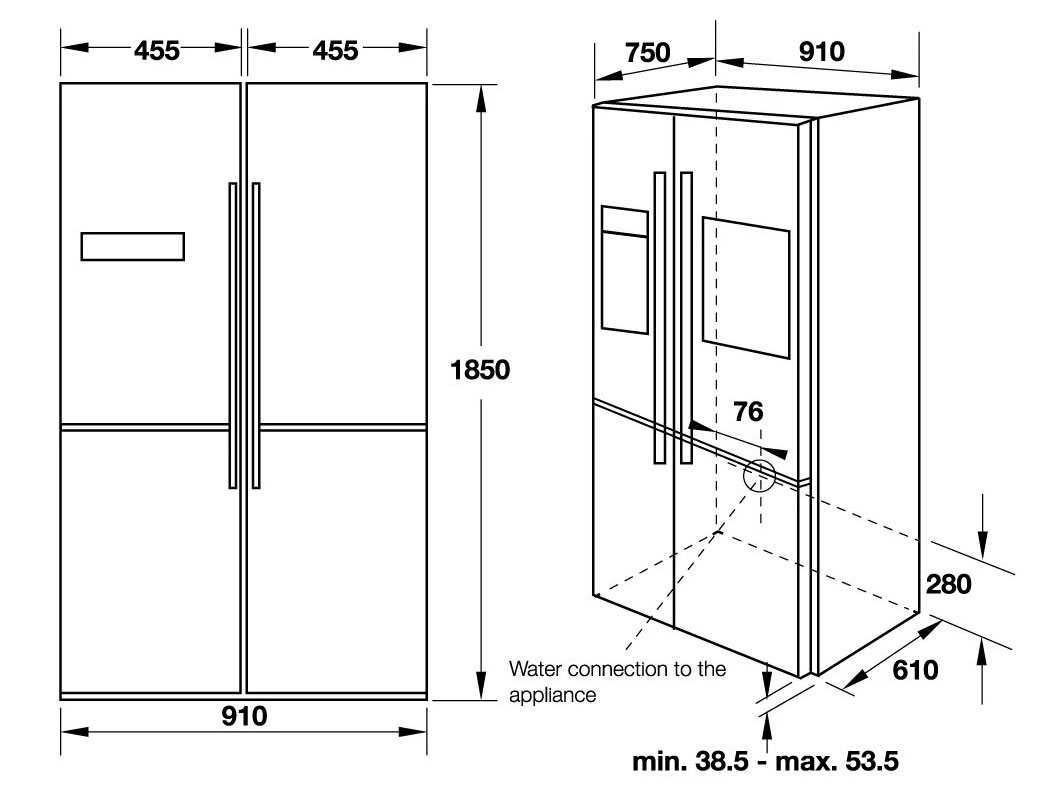 Kích thước tủ lạnh Hafele side by side HF-SBSIB (539.16.230)
