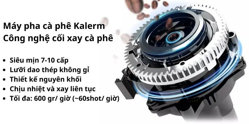 Máy pha cà phê Kalerm có cối xay bằng thép không gỉ