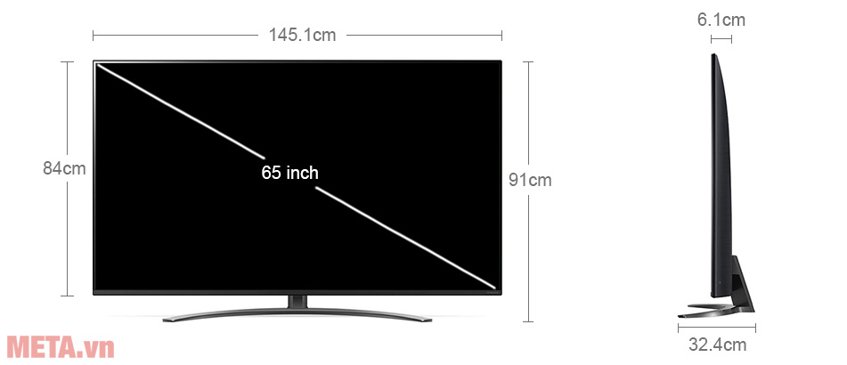 Kích thước tivi LG 65NANO81TNA