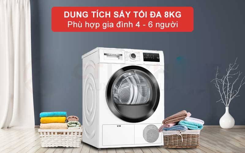 Máy sấy bơm nhiệt Bosch có khối lượng sấy tối đa 8kg