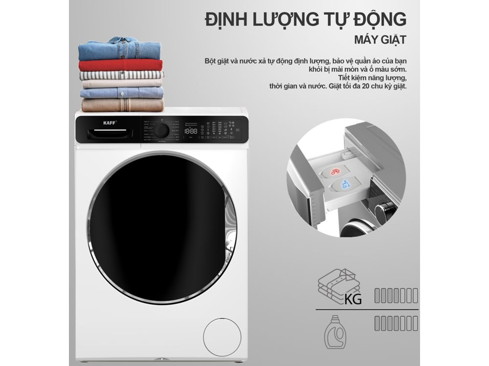 Máy giặt cửa trước sẽ tự động định lượng nước giặt, nước xả