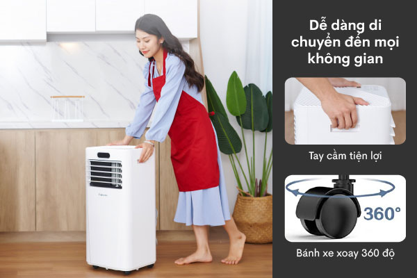 Điều hòa di động thông minh FujiHome PAC09 có hệ thống bánh xe tiện lợi