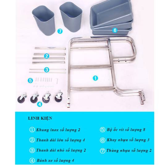 Xe dọn bàn sử dụng khung inox, dễ lắp đặt