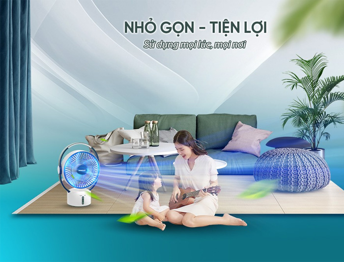 Quạt sạc Sunhouse SHD7116 thiết kế nhỏ gọn, tiện lợi
