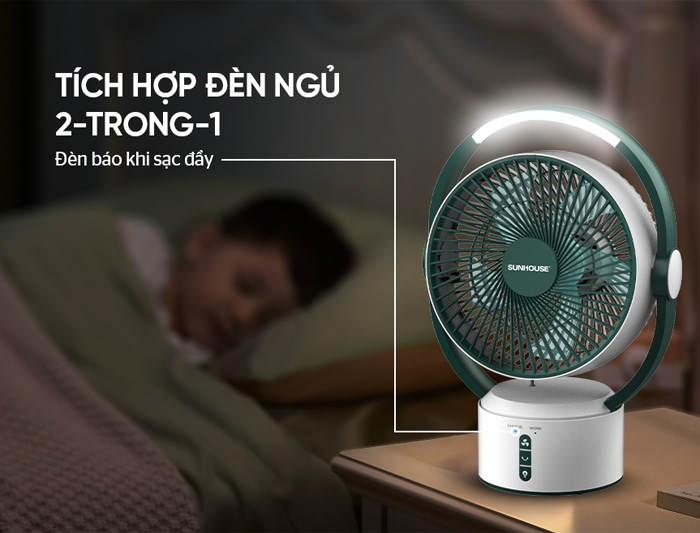 Quạt sạc Sunhouse SHD7116 tích hợp đèn ngủ với 2 mức độ