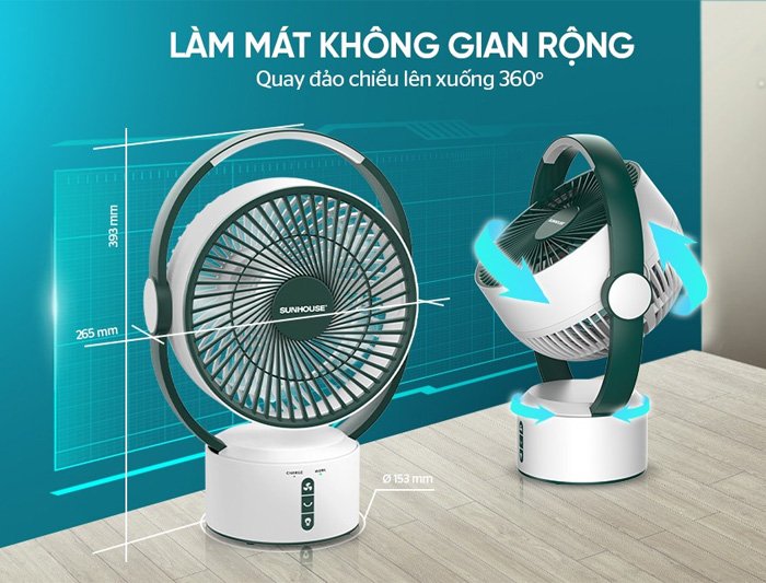 Quạt sạc Sunhouse SHD7116 có 3 tốc độ gió khác nhau