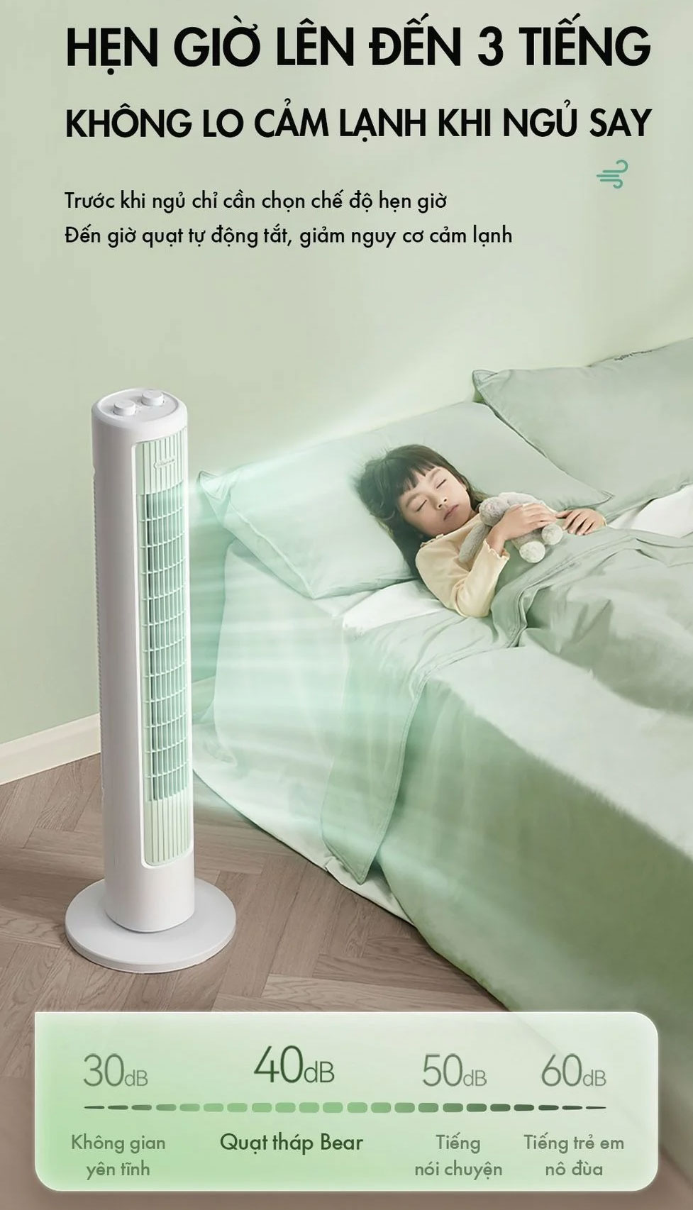 Quạt tháp Bear DFS-D40G1 cho phép thiết lập thời gian hẹn giờ lên tới 3 tiếng