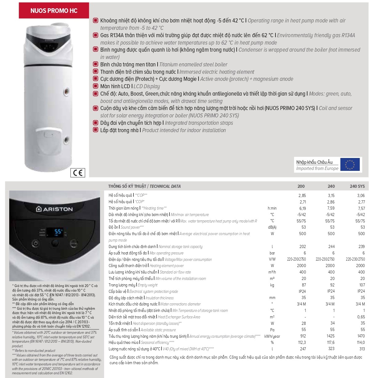 Thông số máy nước nóng Ariston Nuos Primo HC 240L