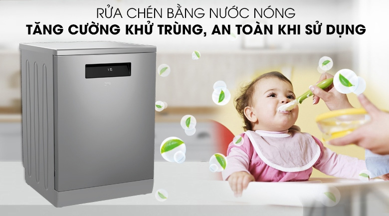 Công nghệ rửa nước nóng giúp tiêu diệt vi khuẩn gây bệnh trên máy rửa bát Beko DEN48520X