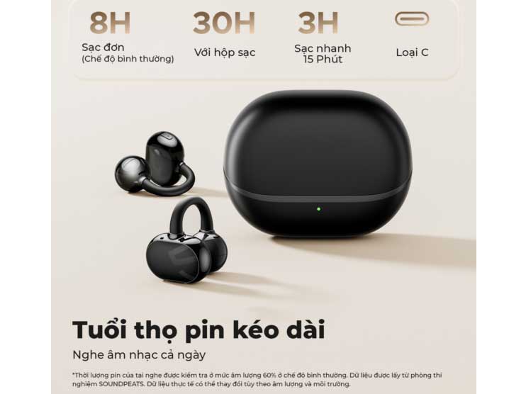 SoundPEATS POP Clip có tuổi thọ pin kéo dài